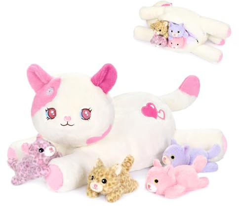 shownicer Plüschtier Katzen Kuscheltier Set 5 Stück Stofftier Kawaii Katze Plüsch Kissen Spielzeug Geschenk für Kinder Mädchen (Sakura Katze Familie)