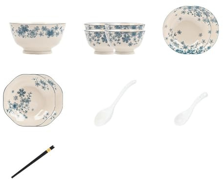 Platos de porcelana azul y blanca con flores exquisitas vajillas de alta temperatura para uso doméstico, 18 piezas para 4 personas con cuencos de sopa [caja]