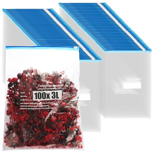 com-four® 100x Freezer Bags 3 L with seal, resealable storage for food freshness, multipurpose use down to minus 40 degrees