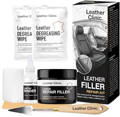 Leather Clinic Leder Reparatur Set – Flexibler Leder Reparaturfüller für Risse, Kratzer & Löcher – Für Auto Sitze, Ledermöbel & Vinyl – Komplettes Repair Kit