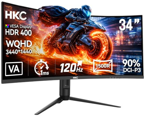 HKC Monitor Gaming Curvo 34 Pollici UWQHD UltraWide (3440 x 1440), 120 Hz, Pannello VA 1500R, 1 ms MPRT, HDR400, 90% sRGB, HDMI 2.0 & DP 1.4, Monitor PC 21:9 per Gaming e Produttività