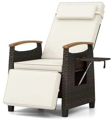COSTWAY Gartensessel mit Liegefunktion, Rattansessel mit Kissen, Beige | Liegestuhl mit verstellbarer Rückenlehne, ausklappbarem Seitentisch, Kopfstütze, Liegesessel, Relaxsessel für Garten, Balkon