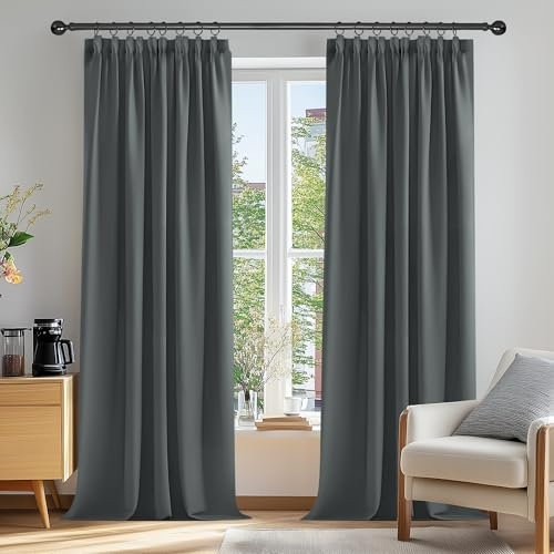 Deconovo Solid Pencil Pleat Curtains Super Soft Thermal Insulated Tape Top Blackout Curtains for Living Room 66 x 90 Dark Grey 2 Panels