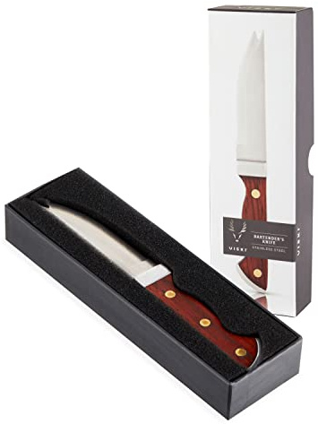 Viski Bartender Knife, 7 Inch Knife, Acacia Wood Handle, Double Tipped Stainless Steel Blade, Bar Knife, Riveted Base, Set of 1