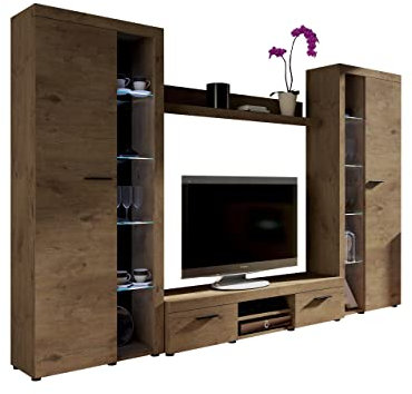 Wohnwand Rango XL, Modernes Wohnzimmer Set, Design Anbauwand, Schrankwand, Mediawand, Vitrine, TV Lowboard, (Lefkas Eiche, mit weißer LED Beleuchtung)