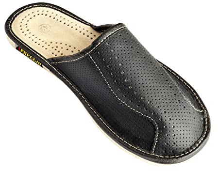 APREGGIO Ciabatte Uomo in Pelle - Comode Pantofole Fatte a Mano - Scarpe da Casa - Nero 44 EU