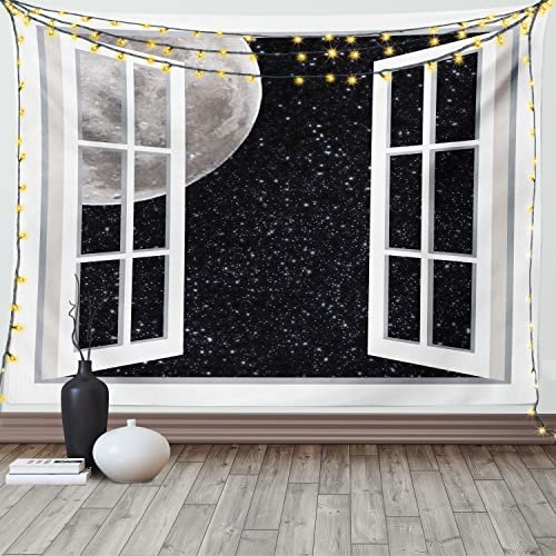 ABAKUHAUS Weltraum Wandteppich, Fenster zum Weltraum aus Weiches Mikrofaser Stoff Waschbar ohne Verblassen Digitaldruck, 150 x 110 cm, Schwarz Weiß Grau