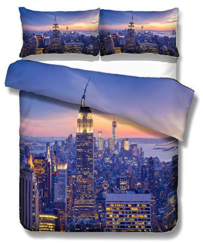 Bettbezug Und Kissenbezug Aus Polyester-Baumwolle Nationale Stadt Einzelbett, King-Size-Bett, Reißverschluss, Antiallergisches Bettwäscheset (Single(135x200cm),New York)
