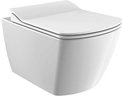 Design Keramik Wand Hänge WC Toilette Randlos inkl. WC Sitz aus Duroplast mit Absenkautomatik Spülrandlos eckig weiß EG321-11
