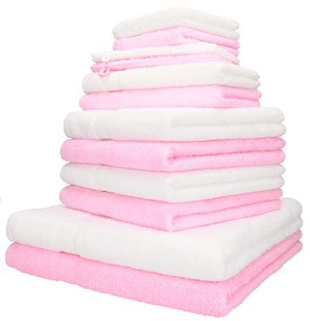 Betz 12-TLG. Handtuch-Set Palermo 100% Baumwolle 2 Liegetücher 4 Handtücher 2 Gästetücher 2 Seiftücher 2 Waschhandschuhe Farbe rosé und weiß