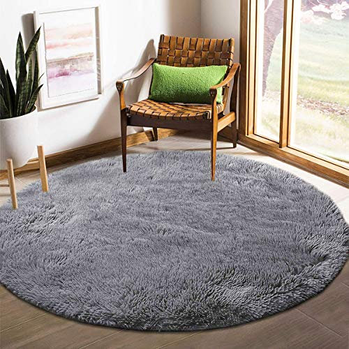 Tinyboy-hbq Teppich Wohnzimmer Schlafzimmer Rund Modern Design Shocky Lange Borsten Runde Innen rutschfest Dekor Ultra Weich Plüsch Haus Kinderzimmer Teppiche,Grau,160x160cm
