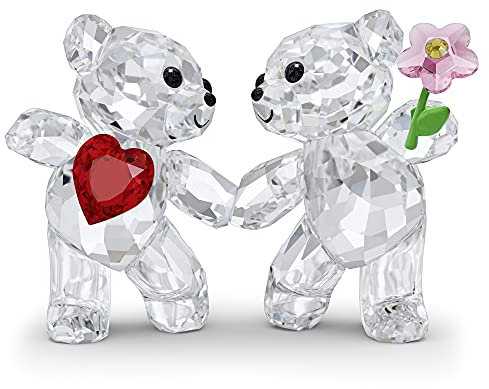 Swarovski Kris Bears Happy Together Figuren-Set, klarer Kristall mit rotem Herz und rosa Blumen-Akzent, Teil Kris Bears Kollektion
