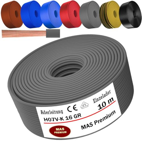 MAS Premium Câble conducteur H07 V-K 16 mm² de 5 à 100 m - Noir, marron, bleu foncé, jaune vert, gris, bleu clair ou rouge - Fil simple flexible (gris, 10 m)