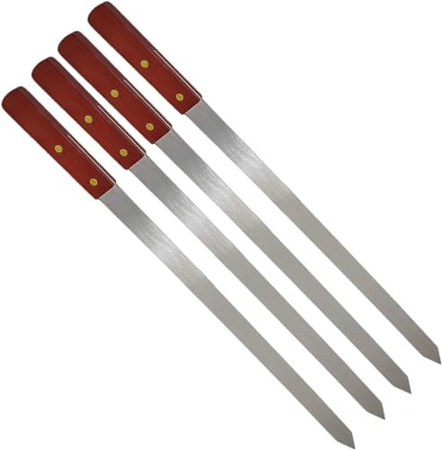 SDMAX Long BBQ Barbecue Skewers Wooden Handle, Grilling Kebab Flat Reusable Skewers, Metal Skewer Sticks for BBQ, Cocktail, Shish Kabab, Party Essentials, 58CM Long (Pack of 4)