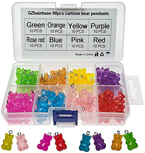 GZhaizhuan 80 Stk Bär Anhänger, Harz Gummibärchen Anhänger für DIY Halskette Armband Schlüsselanhänger Machen und Dekorationszubehör (8 Farben)