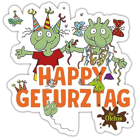 Spreadshirt Die Olchis Classic Happy Gefurztag Geburtstag Sticker, max. 10x10 cm, 10 x 10 cm, Mattweiß