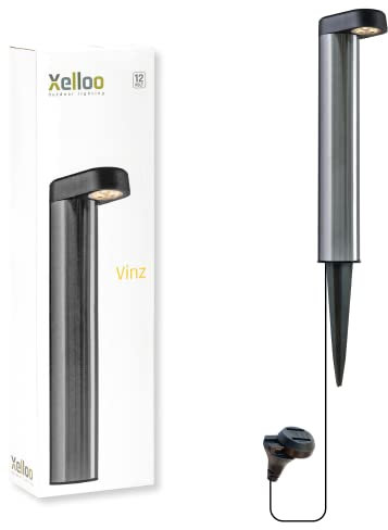 Xelloo® Gartenleuchte VINZ, 12 Volt, 1 Stück Aluminium/PVC Designarmatur 1W LED warmweiß mit Erdspieß, wasserdicht (IP44) und mit praktischem Schiebeanschluss