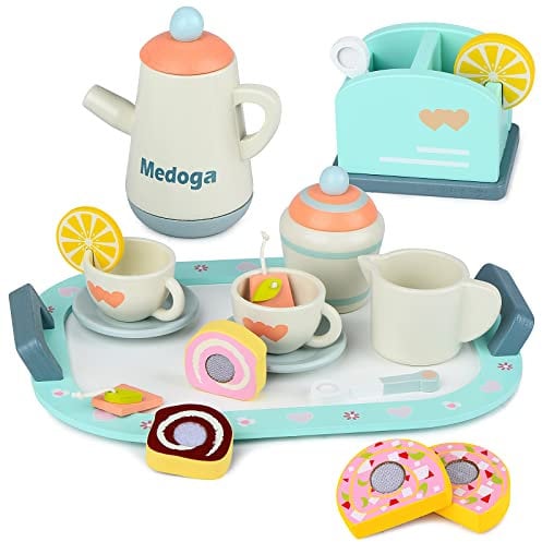 Juego de Té de Madera, Accesorios de Cocina para Niños, Fiesta de Té para Pequeños de 3 a 5 Años (Multicolor)