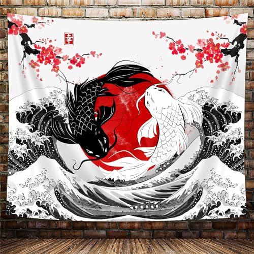 NYMB Japanischer Anime-Wandteppich, schwarz und weiß, Yin Yang Koi-Fisch, Wandteppich für Schlafzimmer, ästhetisch, asiatische Kanagawa, große Welle Kirschblüte, Wandteppich, Poster, Stranddecke,