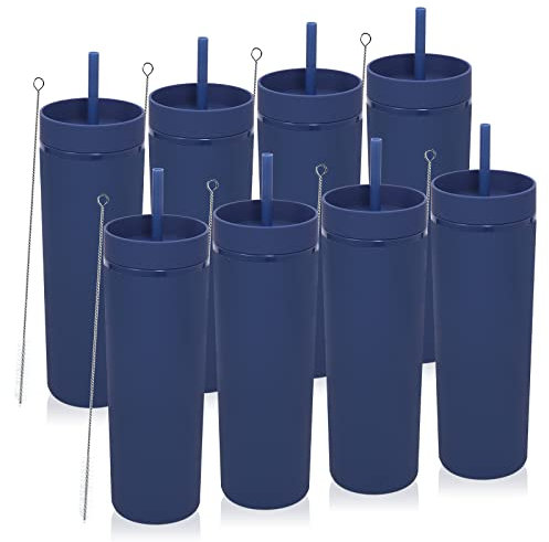 Volhoply 600 ml Trinkbecher mit Deckel und Strohhalm Achterpack,20oz Doppelwandiger Wiederverwendbar Reisebecher Kinder,BPA-freier Matte Pastellfarben Acryl-Plastikbecher für Geschenk(Marine,8 Stück)