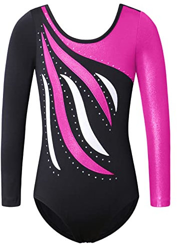 XFGIRLS Gymnastikanzug für Mädchen, langärmelig, glitzernd, glänzend, athletisch, Ballett, Tanz, Turnanzug, 3–14 Jahre, Schwarz, HotPink, 9-10 Years