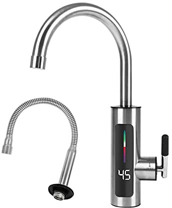 MENAYODA Elektrische Wasserhahn 304 Edelstahl Küchen Armaturen Durchlauferhitzer Wasserhahn 360° Schwenkbar Sofortiger Wasserhahn mit LED Temperaturanzeige (Stil C)