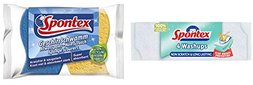 Spontex Non Scratch Super Absorbent Sponge Scourers, Pack of 2, Yellow Sponge Blue Scourer & Washups Non Scratch Sponge Scourers, Pack of 4