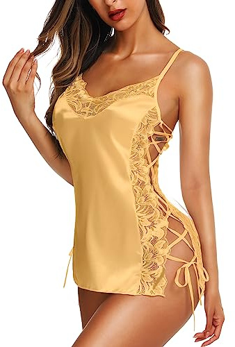RSLOVE Lingerie Sexy Nuisette Femme - Chemise de Nuit en Satin