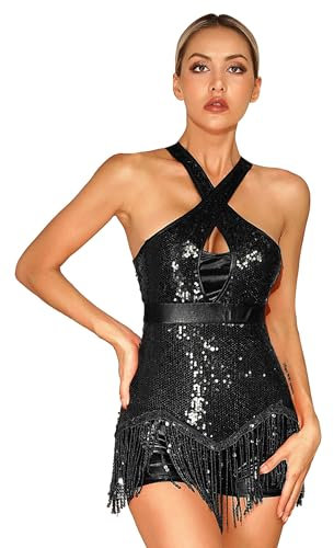 TTAO Maillot de ballet con lentejuelas para mujer, sin mangas, brillante, para gimnasia, ballet, leotardo latino, traje de ballet, Negro D, M