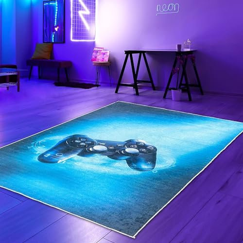 Teppich-Traum Gaming Läufer Teppich beeindruckend modernem Joystick schwarz blauem neon-farbigem Strahl 50x 90 cm