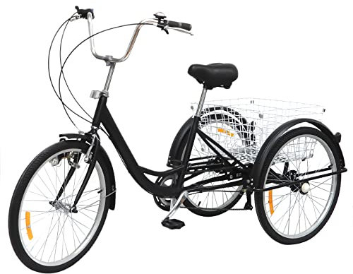 NadineDutol 24 Zoll Dreirad Für Erwachsene, 3-Rad-Dreirad Fahrrad,Faltbares Fahrrad,6-Gang mit Einkaufskorb,Großen Korb Rückenlehne Sitz,für Erwachsene/Senioren/Einkaufen/Sport/Freizeit (Schwarz)