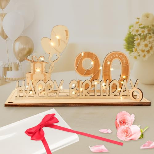 Seutgjie 90 Geburtstag Deko für Mann Frau Geldgeschenke mit LED Lichterkette Fliege und Geschenkpapier Holz Schild Gästebuch 90 Jahre Hochzeitstag Jubiläum Tischdeko