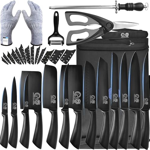 XYJ Ensemble de couteaux professionnels pour maîtres chefs, couperet à viande pour camping, ensemble de couteaux de chef avec sac, cadeau d'anniversaire pour homme et femme (noir entier)