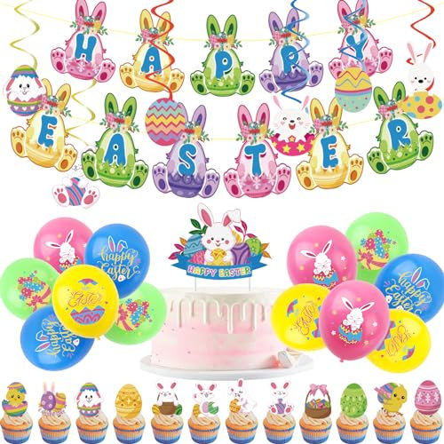 44pcs Easter Party Decorations Set for Home,Rabbit Happy Easter Banner Buntingn Latex Balloons Bunny Eggs Chick Cake Toppers Hanging Spiral for Kids Easters Party Supplies Home Decorations