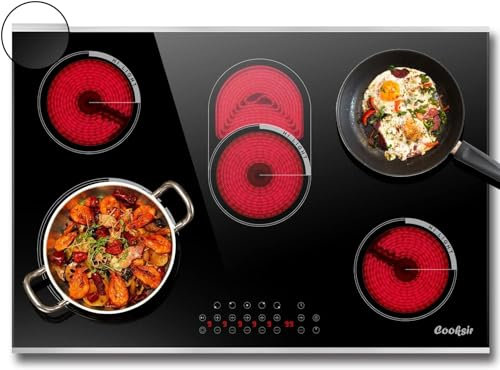 Cooksir Placa Vitrocerámica 5 Fuegos 77 cm, Controles táctiles, Temporizador, Ajuste de potencia de 9 posiciones, Bloqueo para niños,Recordatorio de afterglow (8400 W)