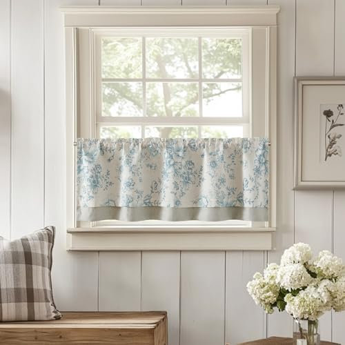 TOPICK Leinen Scheibengardinen Blickdicht Küchengardinen Frühling Landhausstil Gardinen Floral Verdunkelnd Vorhänge Kurz Bistrogardine Volant Wohnzimmer Fenster 1er Pack Blau auf Beige 45B x 125H(cm)