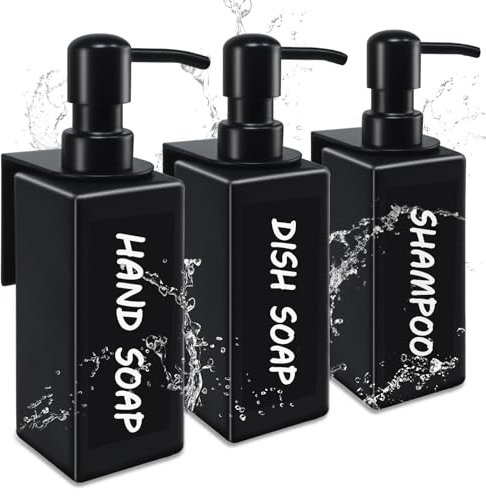 Roselee Set di 3 distributori di sapone da parete, da 350 ml, senza foratura, con imbuto, pompa in acciaio inox 304 ed etichette impermeabili, dispenser di sapone per cucina e bagno, nero opaco
