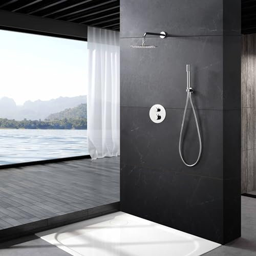 IMEX - Ducha Empotrada Termostática Cromada | Kit de Grifería Empotrado con Alcachofa y Rociador Antical Efecto Lluvia | Columna Ducha Empotrada con Grifo en Latón y Acero Inox S.304 | Serie Monza