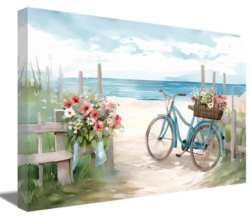 ZQQART Kunstdruck auf Leinwand mit dem Meer und Fahrrad, Blumenmalerei, Kunstwerke für Zuhause, Badezimmer, Dekoration (Fahrrad,30x45cm)
