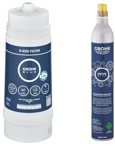 GROHE Blue - Austauschfilter (S-Size, 600 Liter bei 20° dKH, 5-Phasen-Filter), 40404001 & Blue - CO2 Flasche (425g, für jeden Wassersprudler, für bis zu 60 Liter), chrom, 40651000