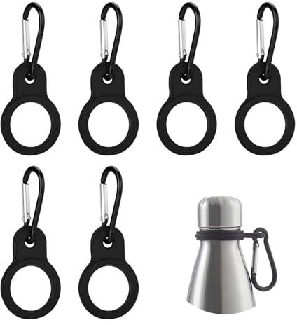 DALAETUS 6 Pcs Black Silicone Water Bottle Buckle - Portable Water Bottle Clip - Secure and Elastic Bottle Holder with Carabiner for Hiking, Camping, Traveling, and Outdoor Activities