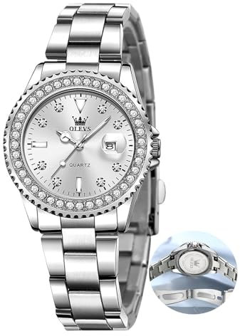 OLEVS Silber Uhren Damen Edelstahl Elegante Kleine Armbanduhr Damen Weiss Zifferblatt Wasserdicht Metallarmband Frauen Uhren mit Datum Diamant Analog Kleid Damenuhren Leuchtend Quarz Geschenke