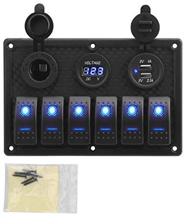 MUEOSI for voltmètre numérique étanche Double Port USB Prise 12 V Panneau d'interrupteur à Bascule combiné for Voiture et Marin Tableau électrique(6 Gang Blue)