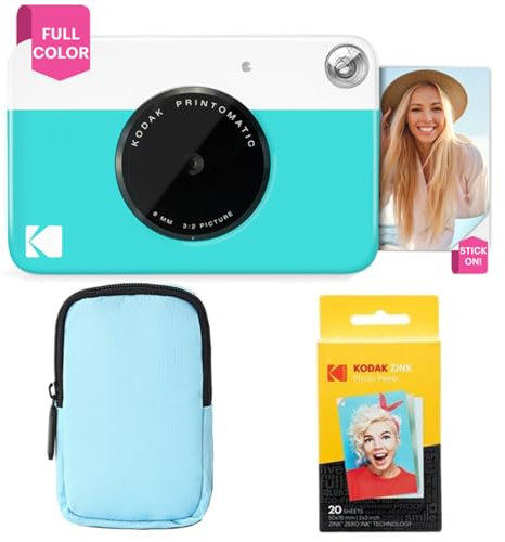 KODAK Printomatic Full-Color Instant Print Camera Starter Bundle + Soft Case + Zink 20 pack Photo Paper - Colorful Photos On 2x3 Sticky-Back Paper - Fun Gift for Birthday Christmas Holiday - Blue