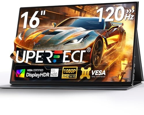 UPERFECT Monitor Portátil 16 Pulgadas 120Hz Pantalla Móvil Cuerpo de aleación de Aluminio 1920x1080 Full HD Pantalla IPS Mini HDMI/Type-C para PC Laptop Smartphone Compatible VESA