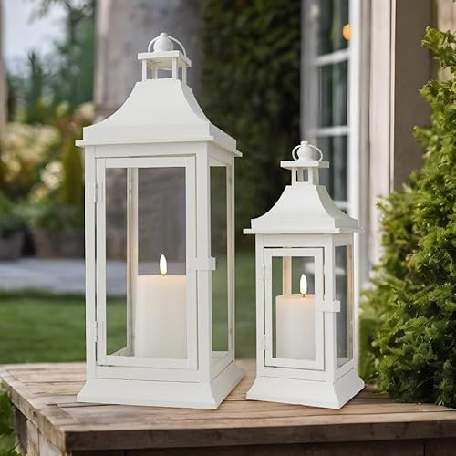 JHY DESIGN Set von 2 Outdoor-Kerzenlaternen 50cm & 33cm hoch Vintage hängende Turm Laterne Metall-Kerzenhalter für Garten Wohnzimmer Indoor Outdoor-Partys Hochzeiten Balkon (weiß)