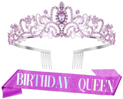 Banda Cumpleaños,Banda Cumpleaños Mujer,Corona Cumpleaños,Corona Cumpleaños Tela,Birthday Girl,Coronas Doradas,Corona Reina,Tiaras Novia,Banda 18 60 Cumpleaños,Birthday Queen Diadema Accesorios,Morado