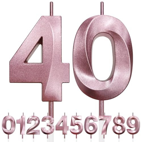 40th Birthday Candle, 3D Design Rose Gold Glitter Number Candles, Cake Topper Decorations, Cake Candle for Birthday Party, Wedding Anniversary, Baby Shower, Party Decoration (Pink Gold)