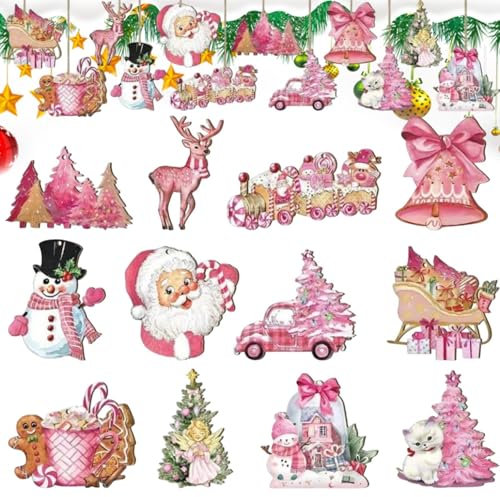 Adornos navideños de madera vintage – Decoraciones navideñas retro, decoración de árbol de Navidad antiguo | 24 X Navidad rústica