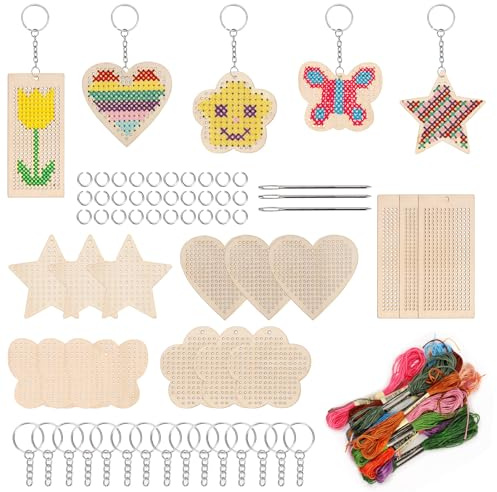 Swpeet 78Pcs 5 Shapes Holz Kreuz Stich mit Schlüsselanhänger, Jump Ring, Faden und Nadeln Sortiment Kit, Holz Näh Kit für Anfänger, Handwerk Nadel Stickerei Kit für DIY hängende Dekor Geschenk